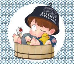 baby barefoot basket biting_another&#039;s_leg black_hat brown_hair bucket_hat child floral_print floral_print_kimono gegege_no_kitarou hat holding holding_sack holding_towel holding_toy iworihase japanese_clothes jinbei_(clothes) kimono kitarou kitarou_tanjou:_gegege_no_nazo medama_oyaji one_eye_closed one_eye_covered onsen parted_bangs patterned_background print_kimono puffy_cheeks sack towel towel_around_neck toy twitter_username watermark