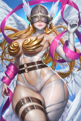 1girl angel_wings angewomon asymmetrical_clothes bare_shoulders belt blonde_hair breasts covered_eyes digimon digimon_(creature) elbow_gloves feathered_wings gloves helmet helmet_over_eyes highres large_breasts lips long_hair neoartcore o-ring o-ring_belt pink_nails pink_ribbon ribbon single_elbow_glove solo thigh_strap white_gloves winged_helmet wings