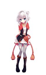 1girl arm_belt arms_behind_back belt black_boots black_vest blue_eyes blush boots closed_mouth detached_collar dot_nose full_body fur-trimmed_vest fur_trim grey_pantyhose hair_bun highres idol idol_clothes izumi_tsubasu looking_at_viewer nishidate_haku official_art pantyhose platform_boots re:stage! red_trim rope sarashi shimenawa short_hair sidelocks simple_background single_side_bun skirt smile solo star_(symbol) tachi-e torn_clothes torn_pantyhose transparent_background vest white_belt white_hair white_skirt