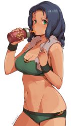 1girl blue_hair bottle breasts cleavage collarbone dark-skinned_female dark_skin drinking female_focus green_eyes gundam gundam_unicorn kurowa long_hair loni_garvey looking_at_viewer midriff navel neo_zeon skindentation solo sports_bikini sports_bra sweat towel towel_around_neck twitter_username zeon