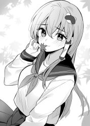 Rule 34 | 1girl, alternate costume, autumn leaves, blush, closed mouth, commentary, frog hair ornament, greyscale, hair ornament, hair tubes, highres, holding, holding leaf, kochiya sanae, leaf, long hair, long sleeves, looking at viewer, meimei (meimei89008309), monochrome, neckerchief, pleated skirt, sailor collar, sailor shirt, school uniform, shirt, single hair tube, skirt, smile, solo, symbol-only commentary, touhou, very long hair