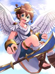 1boy ahoge androgynous angel angel_wings armlet bike_shorts blue_sky blue_undershirt bracer brown_hair brown_sandals collarbone feathered_wings fingerless_gloves fur-trimmed_footwear fur_trim gloves gold_armlet green_eyes jewelry kid_icarus kid_icarus_uprising knees laurel_crown male_focus nintendo pit_(kid_icarus) sandals sidelocks sky spiked_hair sword thighlet undershirt waffuum weapon white_wings wings