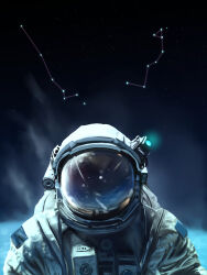 Rule 34 | 1other, akaneko444444, astronaut, black background, commentary request, constellation, facing viewer, helmet, highres, original, reflection, reflective visor, serpens (constellation), solo, space, space helmet, star (sky), upper body