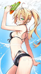 1girl ahoge arched_back b_landforce bare_arms bikini bikini_under_shorts black_bikini blonde_hair breasts floating_hair from_side front-tie_bikini_top front-tie_top green_eyes grin hair_intakes highres holding holding_water_gun long_hair medium_breasts micro_shorts one_eye_closed original shorts side-tie_bikini_bottom side_ponytail sideboob smile solo standing swimsuit water_gun