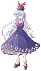 1girl alphes_(style) blue_hair commentary_request dairi dress full_body hat highres kamishirasawa_keine long_hair looking_at_viewer parody red_eyes smile solo style_parody tachi-e touhou transparent_background