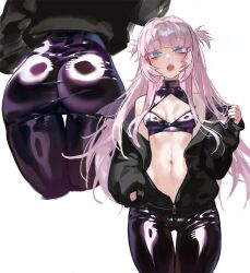 1girl ass bare_shoulders black_jacket blue_eyes blush breasts fangs fingernails foolish_potato highres jacket leather leather_pants long_hair long_sleeves looking_at_viewer nail_polish nanakusa_nazuna_(yofukashi_no_uta) navel open_mouth pants pink_hair purple_pants purple_shirt shirt simple_background solo_focus stomach teeth thighs upper_teeth_only white_background yofukashi_no_uta