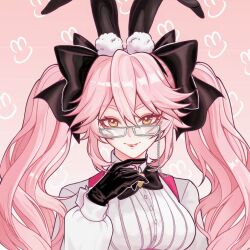 Rule 34 | 1girl, animal ear fluff, animal ears, black bow, black bowtie, black gloves, black ribbon, bow, bowtie, closed mouth, commentary, fate/grand order, fate (series), glasses, gloves, hair between eyes, hair ribbon, koyanskaya (assassin) (second ascension) (fate), koyanskaya (fate), long hair, long sleeves, looking at viewer, looking over eyewear, pink background, pink hair, rabbit background, rabbit ears, ribbon, shirt, smile, solo, symbol-only commentary, tamamo (fate), twintails, user sppt4433, white shirt, yellow eyes