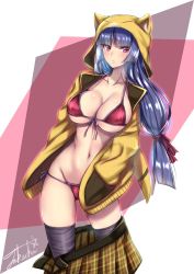 1girl abra bikini black_thighhighs blue_hair breasts cleavage female_focus gen_1_pokemon highres hood hoodie large_breasts long_hair looking_at_viewer nintendo pink_eyes plaid_clothes plaid_skirt pokemon pokemon_(creature) pokemon_frlg red_bikini sabrina_(pokemon) skirt solo standing swimsuit takecha thighhighs yellow_hoodie