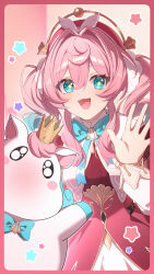 1girl :d aqua_bow aqua_bowtie aqua_eyes beret bow bowtie crown dress hand_up hat highres honkai:_star_rail honkai_(series) hyacine_(honkai:_star_rail) little_ica_(honkai:_star_rail) long_hair looking_at_viewer open_mouth pink_hair red_dress red_hat smile so_zei_tama_tama solo twintails upper_body waving