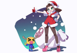 Rule 34 | 1girl, black pantyhose, brown hair, crotch plate, dress, earrings, full body, green eyes, hat, jewelry, kaidou zx, mega man (series), mega man legends (series), pantyhose, red dress, red hat, santa costume, santa dress, santa hat, simple background, skull brooch, skull earrings, solo focus, thumbs up, tron bonne (mega man)