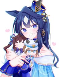 3girls animal_ears bare_shoulders blue_eyes blue_hair blue_ribbon bow brown_hair cheval_grand_(umamusume) chibi collarbone commentary_request ears_through_headwear hair_ribbon hat heart highres horse_ears long_hair mini_person minigirl moko_(mokochisa) multicolored_hair multiple_girls off_shoulder peaked_cap pleated_skirt purple_bow purple_shirt ribbon school_uniform shirt simple_background skirt streaked_hair thighhighs tracen_school_uniform twintails two-tone_hair umamusume verxina_(umamusume) very_long_hair vivlos_(umamusume) watermark white_background white_hair white_hat white_skirt white_thighhighs wrist_cuffs