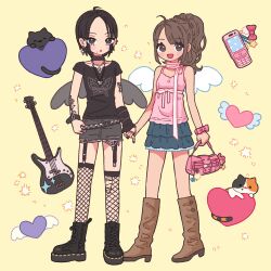 2girls :d animal_print bag bag_charm belt black_eyes black_footwear black_hair black_nails black_wings blush_stickers boots bow brown_footwear brown_hair butterfly_print cellphone cellphone_charm charm_(object) choker cross cross_earrings earrings fashion fishnets flip_phone garter_straps grey_shorts guitar guriming handbag heart highres holding_hands instrument jewelry komatsu_nana long_hair multiple_girls my_melody nana_(series) necklace neko_atsume onegai_my_melody open_mouth osaki_nana phone pink_bow pink_heart ponytail ring sanrio shirt short_hair short_shorts shorts skirt sleeveless smile studded_belt studded_choker t-shirt white_wings wings wrist_bow wristband y2k_fashion yellow_background