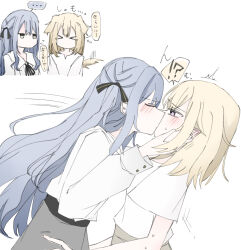 &gt;_&lt; ... 2girls animal_ears bang_dream! bang_dream!_it&#039;s_mygo!!!!! black_ribbon blonde_hair blue_hair blush commentary_request dog_ears dog_girl dog_tail grey_skirt hair_ribbon kemonomimi_mode kiss long_hair long_sleeves medium_hair misumi_uika multiple_girls purple_eyes ribbon shirt short_sleeves sifro_ll simple_background skirt speech_bubble spoken_ellipsis tail togawa_sakiko translation_request two_side_up white_background white_shirt yuri