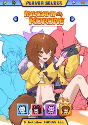 4girls :d animal_ears braid brown_eyes brown_hair character_name character_select collared_shirt commentary_request contrast_collar cropped_jacket cropped_shirt dog_ears dog_girl dog_tail double-parted_bangs fang hair_between_eyes hair_ornament hair_over_shoulder hairclip handheld_game_console holding holding_handheld_game_console hololive hololive_gamers hood hooded_jacket hunk_404 inugami_korone jacket knees_up long_hair low_twin_braids miniskirt multiple_girls necktie nekomata_okayu official_alternate_costume ookami_mio open_mouth pixel_art_inset pleated_skirt shirakami_fubuki shirt sitting skirt smile solo_focus tail twin_braids virtual_youtuber white_necktie white_skirt yellow_jacket