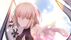 &gt;:&lt; 1girl :&lt; ahoge bare_shoulders besmiled blonde_hair breasts cleavage closed_mouth fate/grand_order fate_(series) female_focus highres jeanne_d&#039;arc_(fate) jeanne_d&#039;arc_alter_(avenger)_(fate) jeanne_d&#039;arc_alter_(fate) medium_breasts pointing sideboob solo standard_bearer upper_body v-shaped_eyebrows yellow_eyes