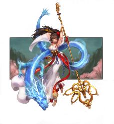 1girl armpits arms_up bad_id bad_pixiv_id black_eyes black_hair dragon dress dungeon_and_fighter earrings eastern_dragon female_focus female_priest_(dungeon_and_fighter) flower full_body hair_flower hair_ornament hair_stick highres jewelry long_hair looking_at_viewer notte obi parted_lips ponytail sash shakujou shaman_(dungeon_and_fighter) sleeveless sleeveless_dress smile solo staff standing vambraces water_dragon white_dress