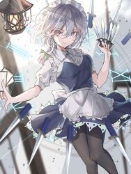 1girl absurdres apron arm_up between_fingers black_pantyhose blue_dress blue_eyes bow braid breasts buttons card card_between_fingers clock closed_mouth commentary_request dress feet_out_of_frame frilled_apron frills green_bow grey_background grey_hair hair_between_eyes hair_bow hands_up hegata_(hegatia_lapis) highres holding holding_card holding_knife holding_weapon izayoi_sakuya knife knives_between_fingers lantern looking_at_viewer maid maid_apron maid_headdress medium_breasts pantyhose puffy_short_sleeves puffy_sleeves short_hair short_sleeves smile solo touhou twin_braids weapon white_apron white_background white_bow white_sleeves
