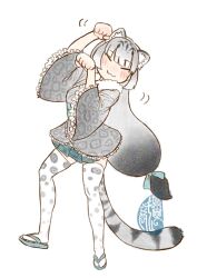 1girl :3 animal_ear_fluff animal_ears animal_print arm_up arms_up artist_logo black_hair blush closed_eyes closed_mouth extra_ears facing_viewer frilled_kimono frilled_sleeves frills full_body grey_hair hand_up japanese_clothes kemono_friends kimono kishida_shiki logo long_hair long_sleeves long_tail low-tied_long_hair multicolored_hair paw_pose photo-referenced print_thighhighs sash simple_background smile snow_leopard_(kemono_friends) snow_leopard_ears snow_leopard_girl snow_leopard_tail solo standing standing_on_one_leg tail thighhighs very_long_hair white_background wide_sleeves zettai_ryouiki