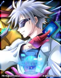 Rule 34 | 1boy, black shirt, card, coat, cool boy (digimon), digimon, digimon (creature), digimon card game, digimon liberator, grey hair, highres, holding, holding card, omegamon, omegamon x-antibody, profile, red vest, setsu blue, shirt, short hair, solo focus, sunglasses, trading card, upper body, vest, white coat
