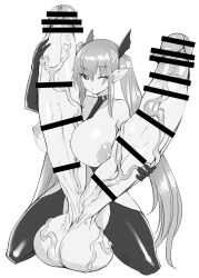 Rule 34 | 1futa, bar censor, black sclera, bosshi, breasts, censored, choker, colored sclera, demon girl, erection, extra penises, futanari, gartered thighhighs, gigantic penis, gloves, head wings, highres, huge testicles, inma-san (bosshi), inma-san no onaho jijou, large breasts, long hair, monochrome, nipples, one eye closed, penis, penis grab, pointy ears, solo, testicles, twintails, veins, veiny penis, veiny testicles, wings, wink