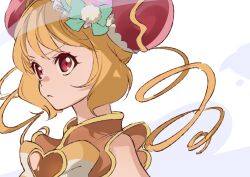 Rule 34 | 1girl, absurdres, aqua bow, bare shoulders, blonde hair, bow, bowtie, brooch, bun cover, closed mouth, collared shirt, cure yum-yum, delicious party precure, double bun, drill hair, eyelashes, food-themed hair ornament, frilled shirt, frills, frown, hair bun, hair ornament, hanamichi ran, hat, hat bow, heart, heart brooch, highres, jewelry, long hair, looking ahead, orange brooch, orange shirt, pointy nose, pom pom hat ornament, precure, red eyes, shipu (gassyumaron), shirt, single stripe, sleeveless, sleeveless shirt, solo, striped bow, striped bowtie, striped clothes, tareme, twin drills, upper body, v-shaped eyebrows, white background, wind, yellow bow, yellow bowtie