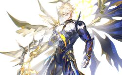 1boy abs alternate_form asymmetrical_wings black_shirt black_wings blonde_hair chinese_commentary clawed_gauntlets commentary_request cracked_skin hair_between_eyes halo halo_behind_head highres holding holding_sword holding_weapon honkai:_star_rail honkai_(series) male_focus phainon_(honkai:_star_rail) qiaose33912 shirt short_hair simple_background solo sword toned toned_male torn_clothes torn_shirt weapon white_background wings yellow_blood yellow_eyes yellow_wings