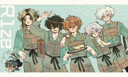18trip 6+boys absurdres apron arm_on_another&#039;s_shoulder arm_up black_hair border brown_apron brown_hair chibi chokki_01 fuefuki_yachiyo green_shirt grey_hair hair_between_eyes highres holding holding_kettle holding_plate kamina_yukikaze kettle long_hair long_sleeves looking_at_viewer lu_liguang multicolored_hair multiple_boys murakumo_ten nishizono_renga oguro_kafka one_eye_closed parted_bangs plate shirt short_hair smile streaked_hair white_border