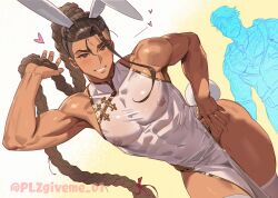 2boys abs absurdly_long_hair animal_ears arm_up ass bare_pectorals bare_shoulders braid brown_eyes chinese_clothes commentary covered_erect_nipples dark-skinned_male dark_skin dog_tags earrings hand_on_own_hip heart highres jacket jamie_siu jewelry long_hair looking_at_viewer luke_sullivan male_focus mandarin_collar multiple_boys navel nervous_sweating open_clothes open_jacket open_mouth over-kneehighs pectorals pelvic_curtain piercing plzgiveme_00 rabbit_ears rabbit_tail see-through_clothes short_sleeves single_bang single_braid smile street_fighter street_fighter_6 stud_earrings sweat symbol-only_commentary tail teeth thighhighs thighs toned toned_male twitter_username very_long_hair wide-eyed yaoi