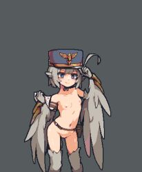 1girl animal_ears belt_pouch bird_ears bird_legs black_background blue_eyes breasts cat02a commentary_request darkest_dungeon feathered_wings grey_feathers grey_hair harpy highres holding holding_letter holding_quill letter loli monster_girl navel nipples original pixel_art pouch pussy quill simple_background small_breasts solo uncensored winged_arms wings