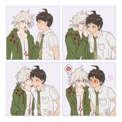 2boys 4koma :o ahoge blush boleum_(dgrpluna) breast_pocket brown_eyes brown_hair collarbone comic danganronpa_(series) danganronpa_2:_goodbye_despair frown green_jacket green_necktie grey_hair hair_between_eyes highres hinata_hajime jacket kiss kissing_cheek komaeda_nagito long_sleeves multiple_boys necktie open_clothes open_jacket pocket print_necktie print_shirt shirt short_hair short_sleeves simple_background speech_bubble teeth thought_bubble upper_body upper_teeth_only white_background white_shirt yaoi