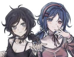 Rule 34 | 2girls, ashley graves, black choker, black hair, black nails, black shirt, blue eyes, blue hair, bra strap, bright pupils, chinese commentary, choker, collarbone, crazy mita (miside), crossover, fingernails, grey hair, hair ornament, hairband, hairpin, highres, kunagawa, long sleeves, low ponytail, low twintails, medium hair, miside, mita (miside), multiple girls, nail polish, no pupils, off-shoulder shirt, off shoulder, ponytail, red choker, red eyes, red hairband, red shirt, shirt, the coffin of andy and leyley, twintails, white background, white pupils