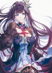 1girl absurdres black_hair black_thighhighs blue_dress blue_eyes breasts dress earrings gloves half_gloves hashtag-only_commentary highres honkai:_star_rail honkai_(series) hysilens_(honkai:_star_rail) jewelry large_breasts long_hair looking_at_viewer parted_lips pongdang03 red_gloves shrug_(clothing) simple_background solo thighhighs thighs very_long_hair white_background