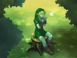 1boy belt blonde_hair chikuwa_(rinka) earrings fairy forest gloves hat instrument jewelry link male_focus nature navi nintendo ocarina pointy_ears rinka115 shadow solo the_legend_of_zelda the_legend_of_zelda:_ocarina_of_time tree_stump