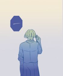1boy alphastroo arm_at_side blunt_ends cellphone facing_away from_behind genshin_impact hand_up highres holding holding_phone male_focus monochrome phone scaramouche_(genshin_impact) shirt shorts simple_background sleeves_rolled_up solo speech_bubble white_background