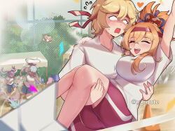 Rule 34 | 1boy, 4girls, absurdres, aether (genshin impact), artist name, ayaka (genshin impact), blank eyes, blonde hair, blue hair, blue shorts, breasts, carrying, citlali (genshin impact), closed eyes, contemporary, dr.kira, genshin impact, gym shirt, gym shorts, gym uniform, headband, highres, keqing (genshin impact), long hair, multiple girls, open mouth, orange hair, pink hair, ponytail, princess carry, purple hair, red headband, red shorts, running, sayu (genshin impact), shirt, short sleeves, shorts, twintails, twitter username, white shirt, yoimiya (genshin impact)