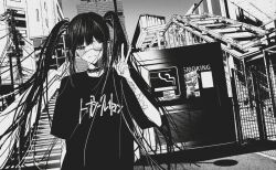 1girl bandages bandaid bandaid_on_arm building choker collar emo_fashion english_text eyepatch jewelry long_hair looking_at_viewer medical_eyepatch original outdoors power_lines punk shirt short_sleeves smile solo spiked_choker spiked_collar spikes st31010 t-shirt twintails upper_body utility_pole v very_long_hair