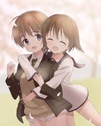 2girls blue_eyes blurry blurry_background braid breasts brown_hair brown_jacket brown_sweater closed_eyes falling_petals happy hide_0 hug jacket large_breasts looking_at_viewer lynette_bishop military military_uniform miyafuji_yoshika multiple_girls necktie no_pants open_mouth panties petals school_uniform shirt short_hair standing strike_witches sweater underwear white_panties white_shirt world_witches_series