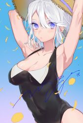 1girl arched_back arm_above_head armpits black_leotard blue_background breasts cleavage cowboy_shot falling_petals hat leotard looking_at_viewer medium_hair original petals purple_eyes sidelocks signature solo sun_hat thighs toned toned_female white_hair yoimon