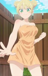 1girl absurdres anime_screenshot bare_shoulders blonde_hair blush breasts cleavage closed_mouth collarbone dot_nose female_focus green_eyes hair_bun hair_buns highres hoshizaki_rika_(kanojo_mo_kanojo) kanojo_mo_kanojo large_breasts long_hair looking_at_viewer naked_towel shoulder_blush smile solo solo_focus stitched thighs thighs_focus third-party_edit towel