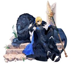 1boy aqua_eyes armor armored_boots black_armor black_cape black_fur blonde_hair blue_cape boots broken_pillar cape cloak closed_mouth dimitri_alexandre_blaiddyd dimitri_alexandre_blaiddyd_(timeskip) eyepatch fire_emblem fire_emblem:_three_houses full_body fur-trimmed_boots fur-trimmed_cloak fur_trim hair_between_eyes hand_in_own_hair holding holding_polearm holding_weapon lion male_focus medium_hair nintendo polearm sitting solthrys stairs two-sided_cape two-sided_fabric weapon white_background