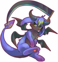 Rule 34 | &gt;:), bat wings, blue fur, choko (sweetpocket), colored tips, commentary request, creature, creature focus, full body, green eyes, holding, holding scythe, horns, looking to the side, multicolored hair, multiple wings, neopet (creature), neopets, no humans, outline, pawpads, red outline, scythe, simple background, smile, solo, v-shaped eyebrows, white background, wings, zafara