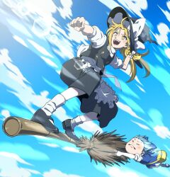 2girls ankle_socks blonde_hair blue_hair blue_sky bow braid broom broom_riding cirno cirno_day cloud cloudy_sky commentary_request day flying hat hat_bow inuno_rakugaki kirisame_marisa multiple_girls open_mouth outdoors scared sky smile socks touhou white_socks wings witch witch_hat yellow_eyes