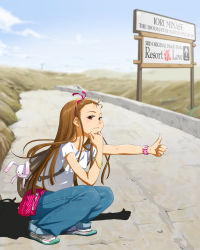 Rule 34 | 00s, 1girl, backpack, bag, bracelet, brown eyes, brown hair, character name, denim, female focus, hair ribbon, hairband, hitchhiking, idolmaster, idolmaster (classic), jeans, jewelry, long hair, minase iori, pants, ribbon, road, shoes, sneakers, solo, squatting, stuffed animal, stuffed rabbit, stuffed toy, thumbs up, watch, wristwatch, yachiwo, yasuchiki