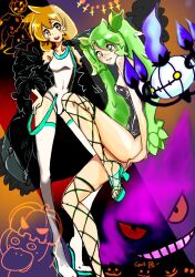 2girls alternative_color blush breasts chandelure competition_swimsuit costume creatures_(company) crossover game_freak gen_1_pokemon gen_5_pokemon gen_7_pokemon gengar green_eyes green_hair grin halloween hand_on_own_hip hatsune_miku high_heels highres long_hair looking_at_viewer mimikyu misty_(pokemon) multiple_girls navel nintendo one-piece_swimsuit open_mouth orange_hair poke_ball pokemon pokemon_hgss ponytail project_voltage psyduck sandals shoes short_hair smile swimsuit thighhighs vocaloid white_one-piece_swimsuit