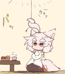 Rule 34 | 1girl, ahoge, animal ear fluff, animal ears, bare shoulders, black skirt, blush, breasts, ceiling light, cookie, cup, detached sleeves, food, hat, highres, indoors, inubashiri momiji, jitome, large breasts, leaf, maple leaf, no mouth, prehensile hair, red eyes, red hat, red skirt, shirt, short hair, shun s86, sitting, skirt, sleeveless, sleeveless shirt, table, tail, tail wagging, thick eyebrows, touhou, turtleneck, turtleneck shirt, two-tone skirt, white hair, white shirt, white sleeves, wolf ears, wolf girl, wolf tail