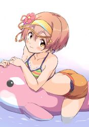 1girl afloat bare_arms bikini blush closed_mouth collarbone flower hair_between_eyes hair_flower hair_ornament highres hoshizora_rin looking_at_viewer love_live! love_live!_school_idol_project multicolored_bikini orange_hair orange_shorts sen_(sen0910) short_hair shorts solo star_(symbol) star_hair_ornament striped_bikini striped_clothes swimsuit visor_cap yellow_eyes