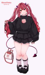 1girl :3 absurdres amu-chan_(kohe_billialot) bag black_shirt black_shorts block_heels blush bow collar demon_girl demon_horns demon_tail english_text fang footwear_bow frilled_collar frilled_shorts frills gradient_hair hair_between_eyes head_tilt high_heels highres holding holding_bag holding_own_hair horns kohe_billialot long_hair long_sleeves looking_at_viewer multicolored_hair original prehensile_tail purple_horns red_eyes red_hair shirt shorts signature simple_background smile solo standing tail thighs twintails two-tone_bag uneven_twintails white_background white_bow wide_sleeves