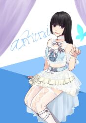 1girl arm_at_side bare_shoulders black_eyes black_hair blue_butterfly blue_shirt bow breasts bug butterfly closed_mouth clothing_cutout collar commentary_request crop_top cross-laced_clothes cross-laced_cutout cross-laced_top curtains detached_sleeves feet_out_of_frame fingernails flower frilled_skirt frills group_name hair_flower hair_ornament hand_up idol insect lace lace-trimmed_shirt lace_collar lace_trim layered_skirt leg_cutout light_blush long_hair looking_at_viewer medium_breasts midriff miniskirt mole mole_above_mouth nail_polish nigari_(ngari_0115) nomoto_sora real_life see-through_clothes see-through_sleeves shin_strap shirt short_sleeves sitting skirt sleeveless sleeveless_shirt smile solo thighhighs white_background white_bow white_collar white_flower white_nails white_skirt white_thighhighs
