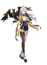1girl absurdres ahoge animal animal_on_hand armlet bad_source black_gloves black_shorts breasts cleavage fingerless_gloves gloves hair_ornament hairclip high-waist_shorts highres jewelry large_breasts long_hair looking_at_viewer official_art parted_lips shorts solo standing thigh_strap thighs transparent_background very_long_hair white_hair yellow_eyes yi_xuan_(zenless_zone_zero) zenless_zone_zero