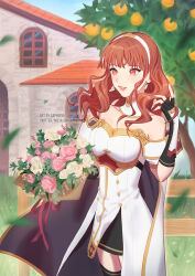 Rule 34 | 1girl, armor, black skirt, black thighhighs, bouquet, breastplate, breasts, cape, celica (fire emblem), choker, dress, earrings, fence, fingerless gloves, fire emblem, fire emblem echoes: shadows of valentia, flower, food, fruit, fruit tree, gloves, grass, highres, holding, holding bouquet, house, jewelry, long hair, medium breasts, nintendo, orange (fruit), orange eyes, orange hair, princess, red eyes, red hair, saphirya, skirt, thighhighs, tiara, tree, white armor, white dress